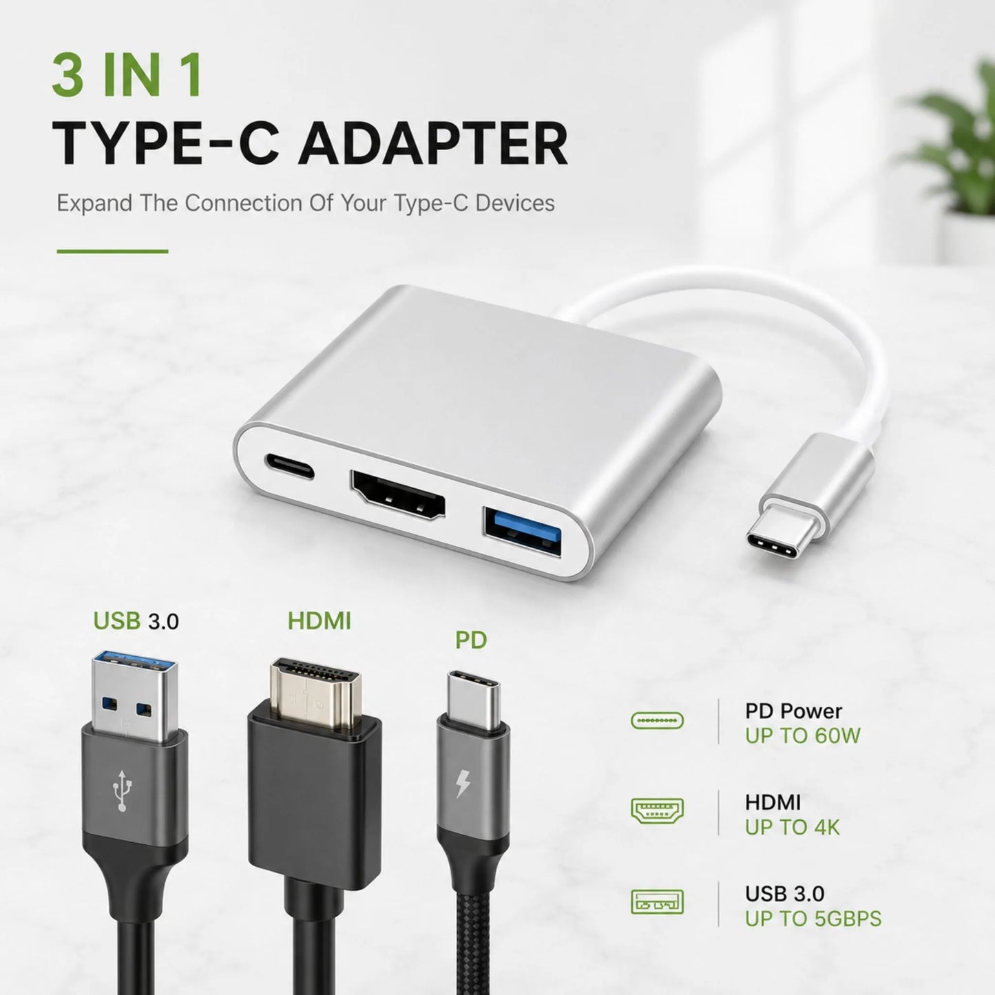 USB Type-C to HDMI, USB 3.0, and Type C Adapter