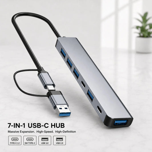 7-Port USB Hub with Dual USB Type-A & Type-C Connector | Multiport Adapter for Laptop, PC, MacBook & Mobile
