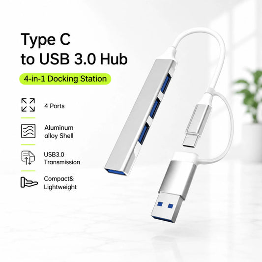 4-in-1 Type-C Dock USB 3.0 Hub Extender Phone Computer Tablet Splitter Hub